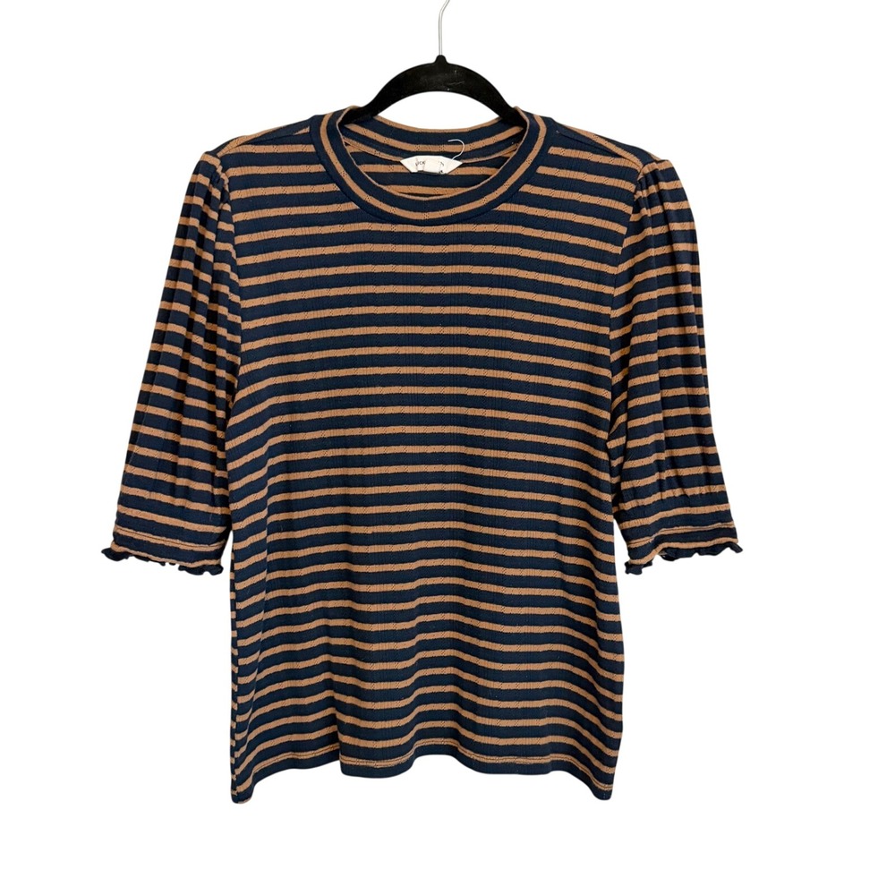Lucky Brand Striped Pointelle Puff Sleeve Top Navy Brown Ruffle Cuff Large